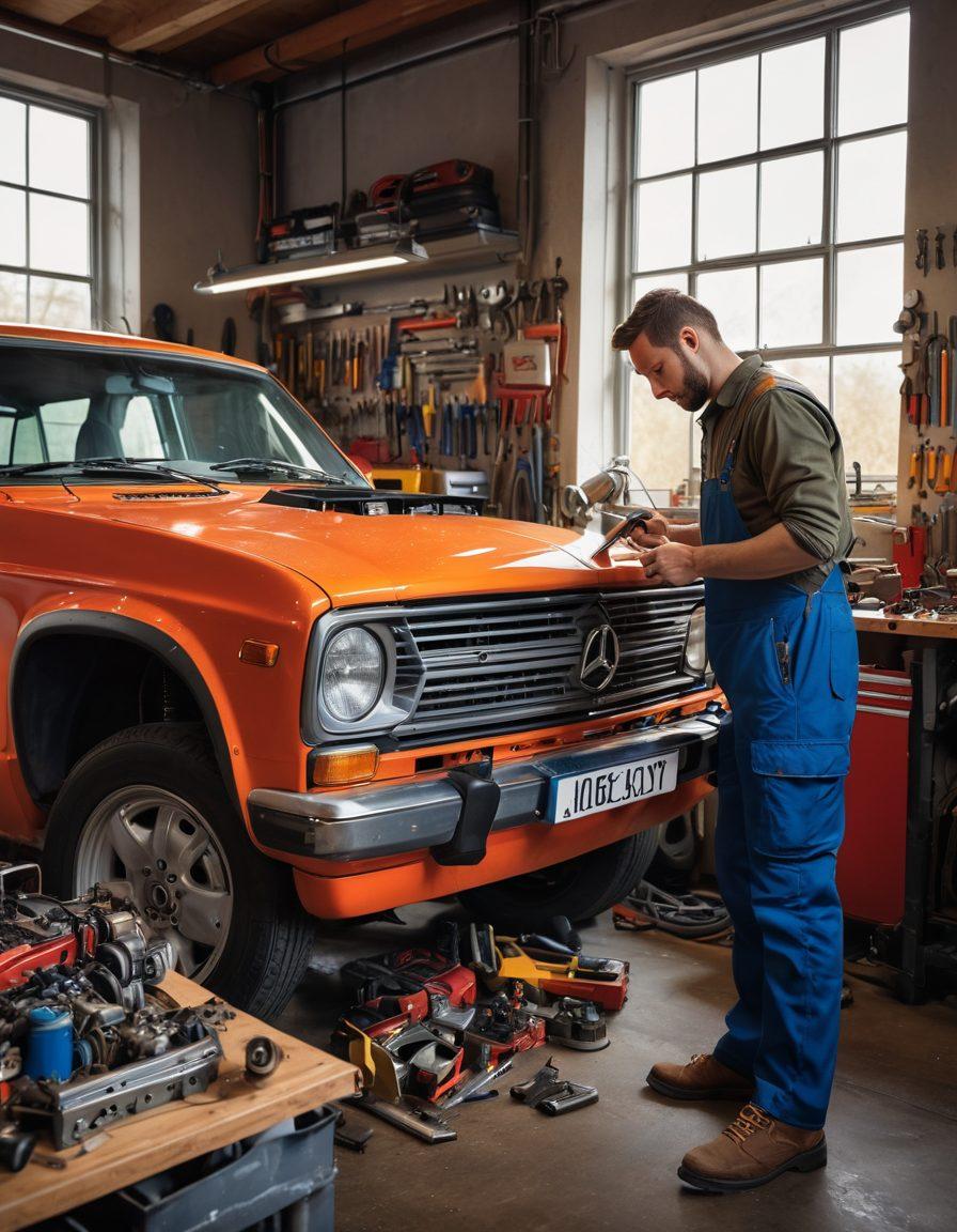 A captivating illustration of a mechanic in a well-equipped workshop, showcasing various vehicle parts laid out on a workbench. The mechanic is attentively inspecting a car engine, with colorful tools and repair manuals around. The background features a bright window with natural light streaming in, adding warmth to the scene. Portray a contrast between the chaos of troubleshooting and the satisfaction of successful installation. super-realistic. vibrant colors. dynamic composition.