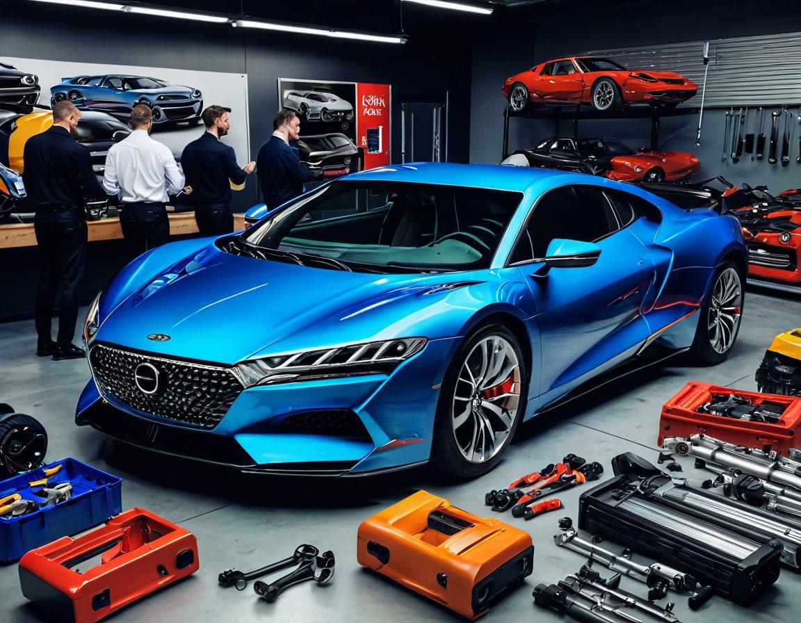 A close-up of a sleek, modern car with its hood raised, showcasing a glimmering engine filled with high-tech components. Surrounding the car, a diverse group of automotive experts are discussing and pointing at various sections, with tools in hand. The background features a bright, sunny garage with automotive posters and tools neatly arranged. Emphasize the vibrant colors of the car and the enthusiastic expressions of the experts. super-realistic. vibrant colors. 3D.