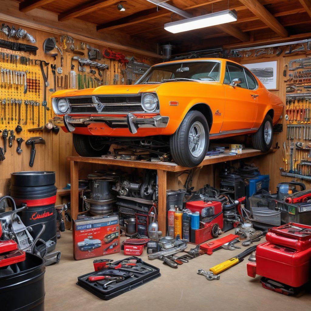A vibrant scene of a passionate car enthusiast in a well-lit garage, surrounded by various auto maintenance tools like wrenches, oil cans, and manuals. Showcase a classic car on a lift, with diagrams of engine parts neatly displayed on the wall. Include a chalkboard filled with tips and tricks on DIY maintenance. bright colors. super-realistic. warm atmosphere.